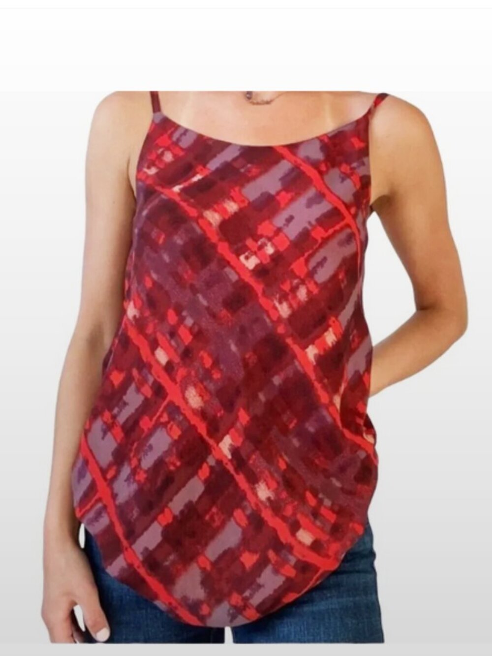 Cabi Womens Cherish Tank Top Red Paint Print Layered Spaghetti Strap, Size Large